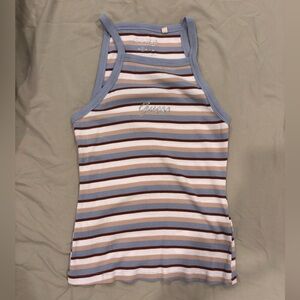 Guess Women's Tank Top - Blue, Brown, and White Stripes